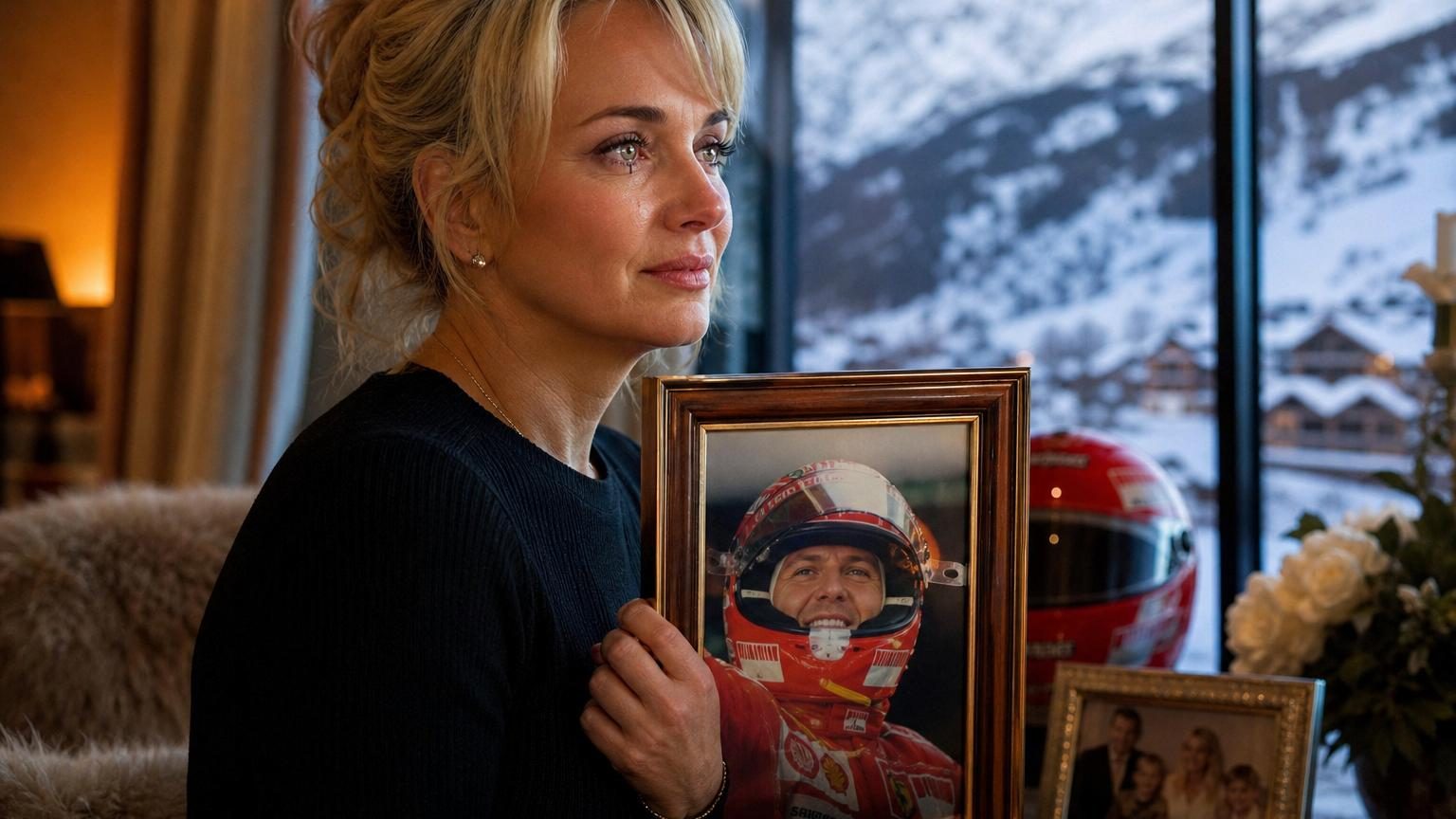 Corinna Schumacher, épouse du champion de Formule 1, photographiée lors d'un événement public, avec une expression de retenue et de dignité reflétant son engagement à protéger la vie privée de sa famille.
