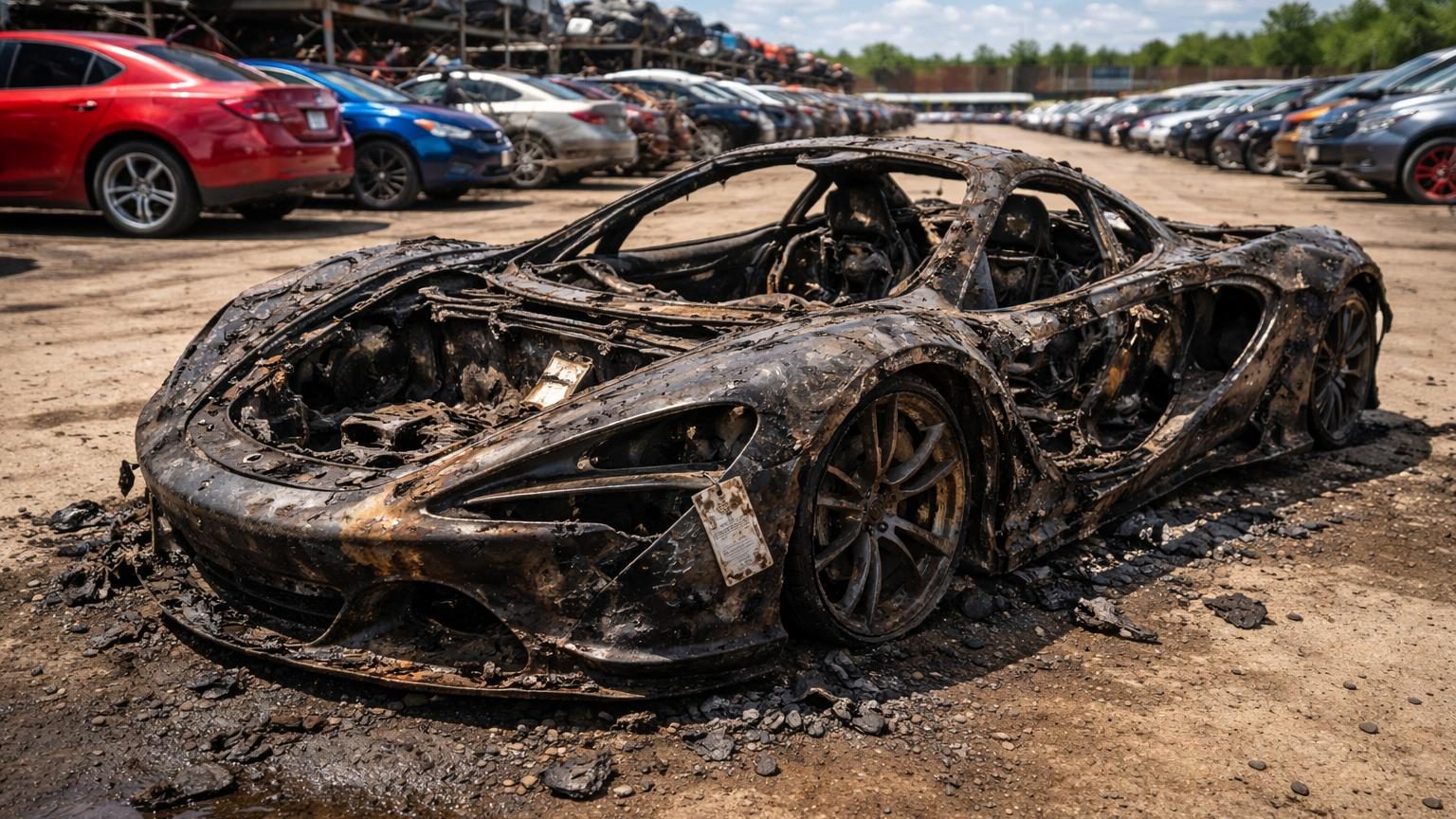 Épave calcinée d'une McLaren 720S réduite en carbone noirci, métal tordu et cendres, méconnaissable dans un parc de véhicules sinistrés du Tennessee.
