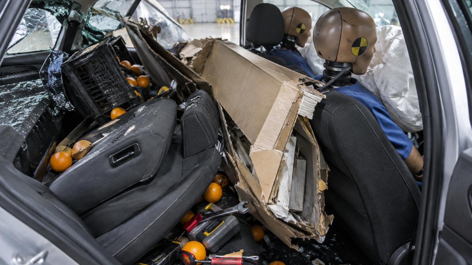 Crash-test d'une voiture familiale avec coffre rempli de courses non arrimées, montrant les projectiles se propulsant vers les passagers avant lors du choc.