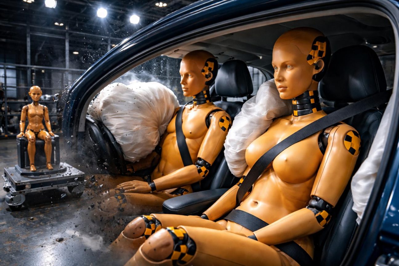 Mannequin de crash-test féminin réaliste en position assise dans un siège d'automobile équipé d'une ceinture de sécurité et d'un airbag.