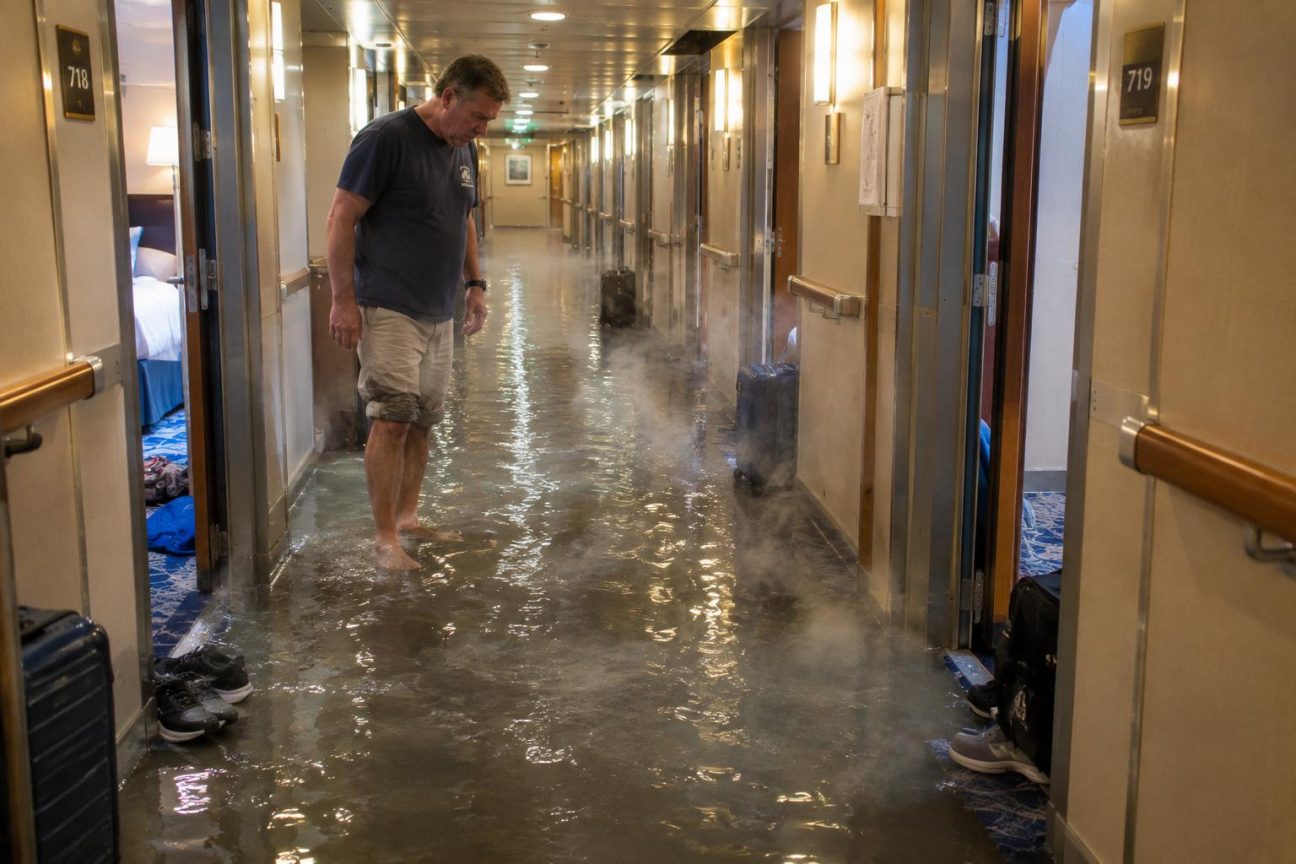 Un couloir de paquebot inondé d'eau fumante avec de la vapeur blanche sortant des cabines, passagers présents observant la scène