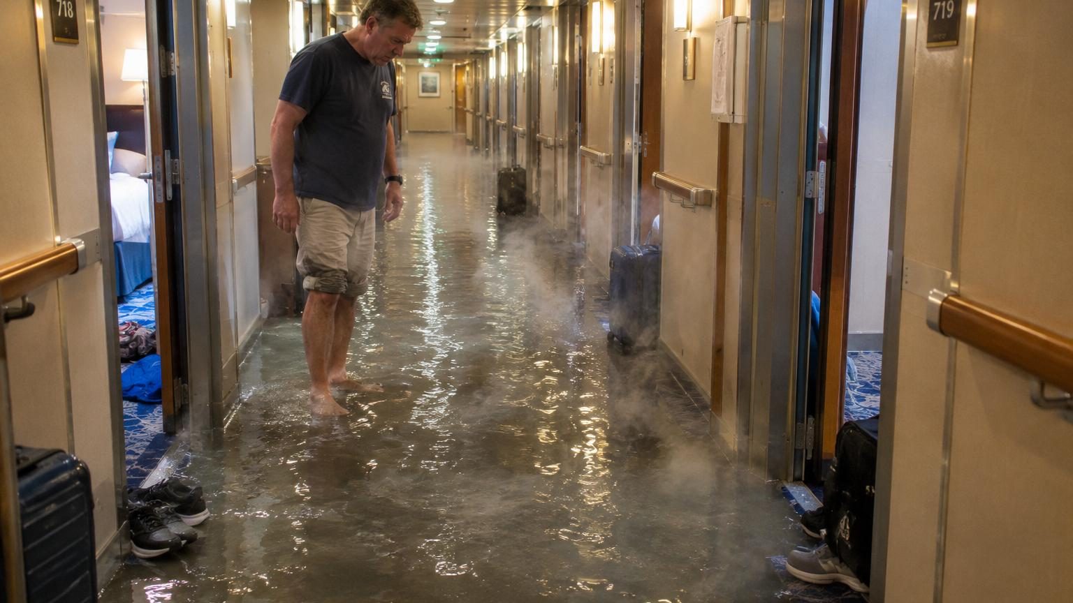 Un couloir de paquebot inondé d'eau fumante avec de la vapeur blanche sortant des cabines, passagers présents observant la scène