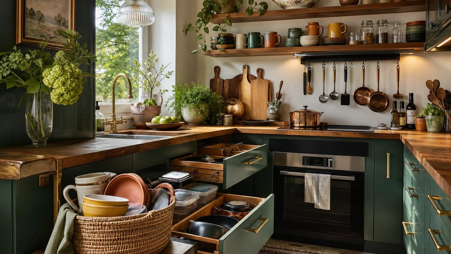 Cuisine lumineuse et organisée avec ustensiles rangés sur des étagères, objets groupés par type et espace dégagé sur le plan de travail.
