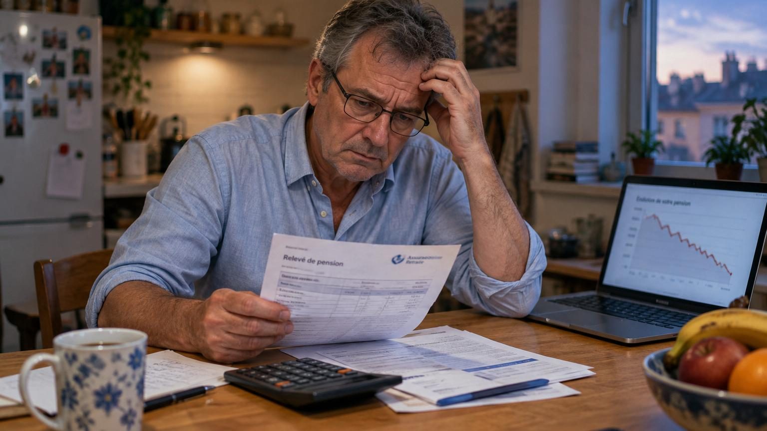 Photo d'une femme de 63 ans assise à son bureau en train d'examiner des documents de retraite avec une calculatrice, l'air préoccupée par les calculs financiers.