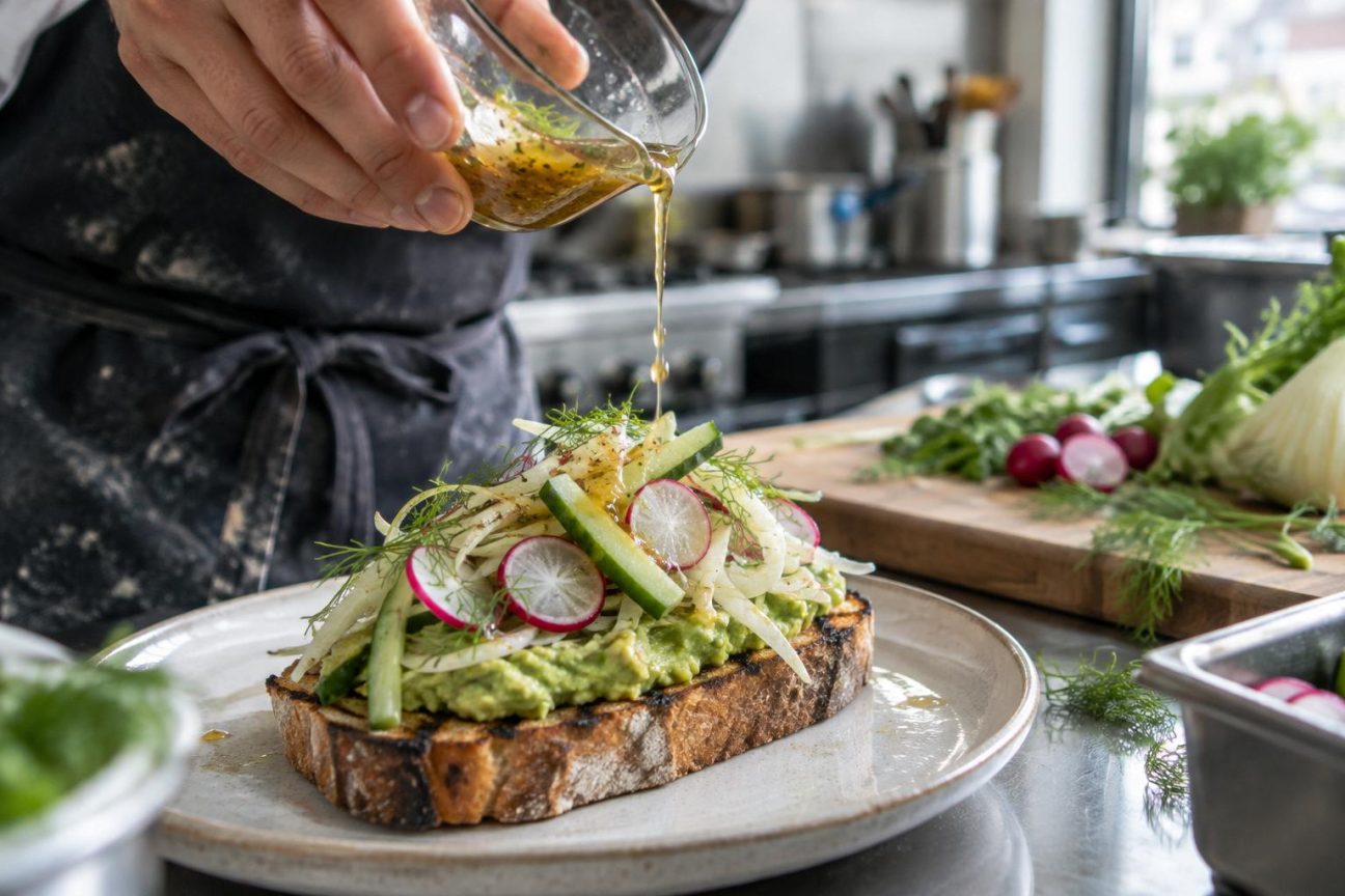 Tartine d'avocat garnie de légumes croquants finement émincés (fenouil, radis, concombre) sur du pain grillé, nappée d'une sauce asiatique brillante, présentée en gros plan.