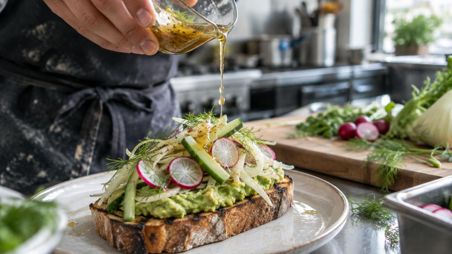 Tartine d'avocat garnie de légumes croquants finement émincés (fenouil, radis, concombre) sur du pain grillé, nappée d'une sauce asiatique brillante, présentée en gros plan.