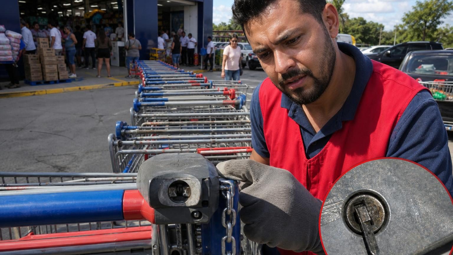 Chariot de supermarché avec verrou à jeton, gros plan sur le mécanisme de consigne situé à l'avant du chariot.