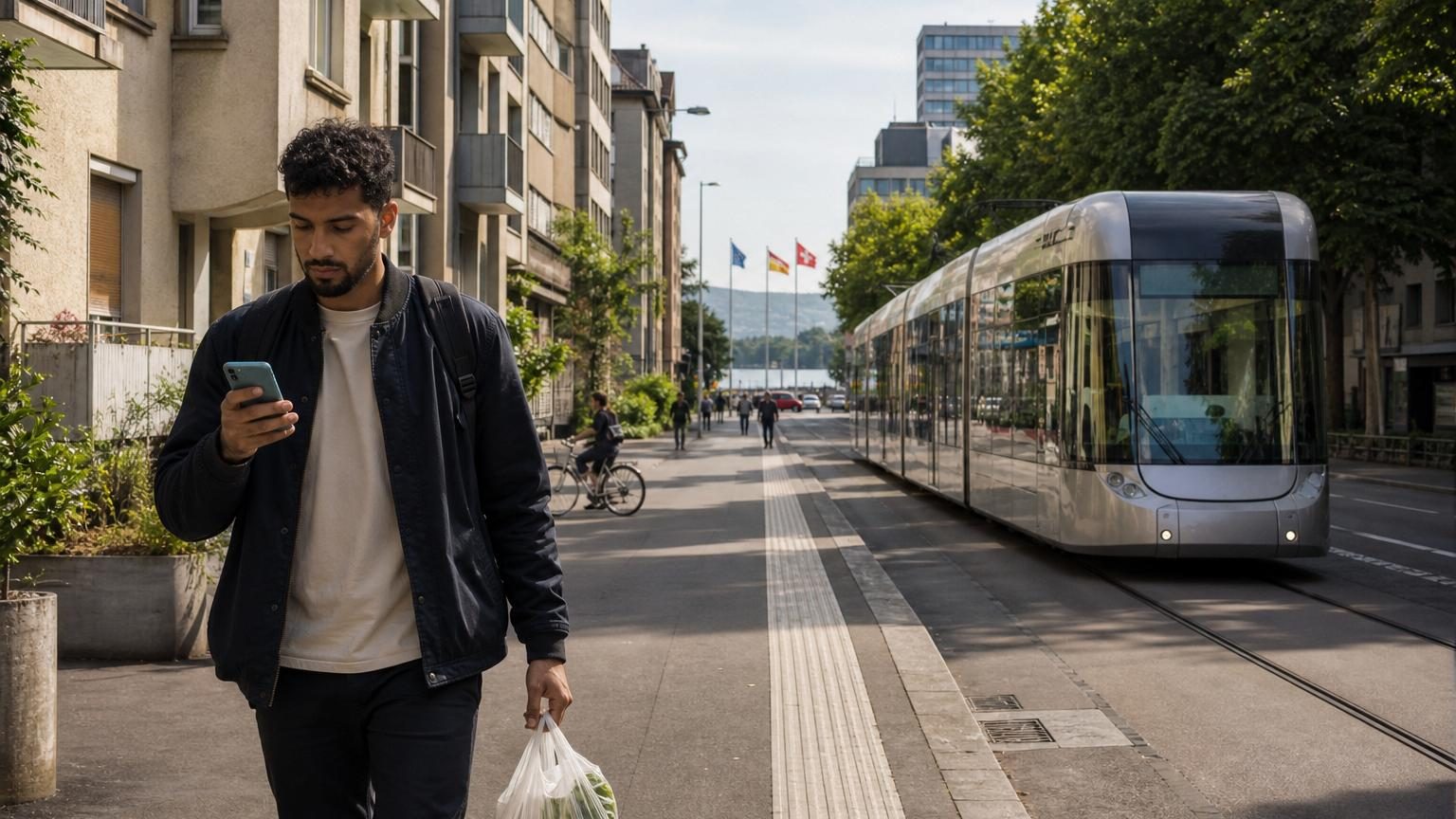 Rue urbaine dense d'une ville frontalière suisse avec immeubles résidentiels d'architecture fonctionnelle, trottoirs bien entretenus et tramway régulier passant devant des façades modestes mais bien entretenues.