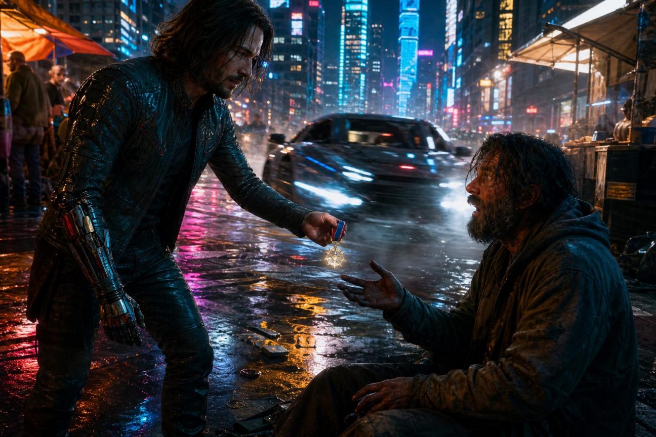 Un joueur dans Cyberpunk 2077 remet une médaille à un homme sans-abri dans les rues de Night City, quelques secondes avant qu'une voiture ne le percute