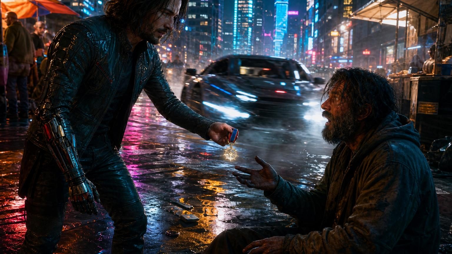 Un joueur dans Cyberpunk 2077 remet une médaille à un homme sans-abri dans les rues de Night City, quelques secondes avant qu'une voiture ne le percute