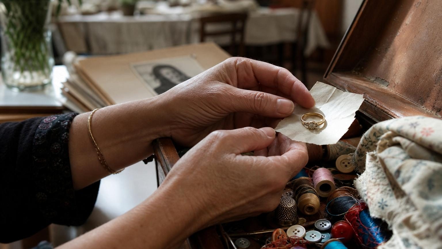 Gros plan sur une petite bague en or pâle avec une pierre claire, posée sur un coupon de tissu usé et un morceau de papier jauni provenant d'une vieille boîte à couture.