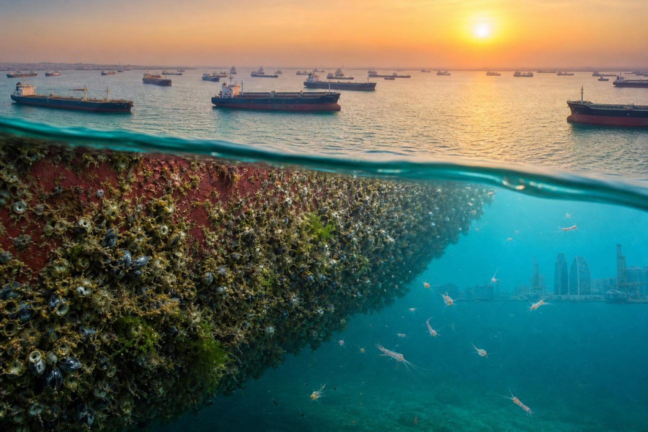 Navires commerciaux alignés au mouillage dans le golfe Persique, leurs coques partiellement immergées colonisées par des organismes marins.