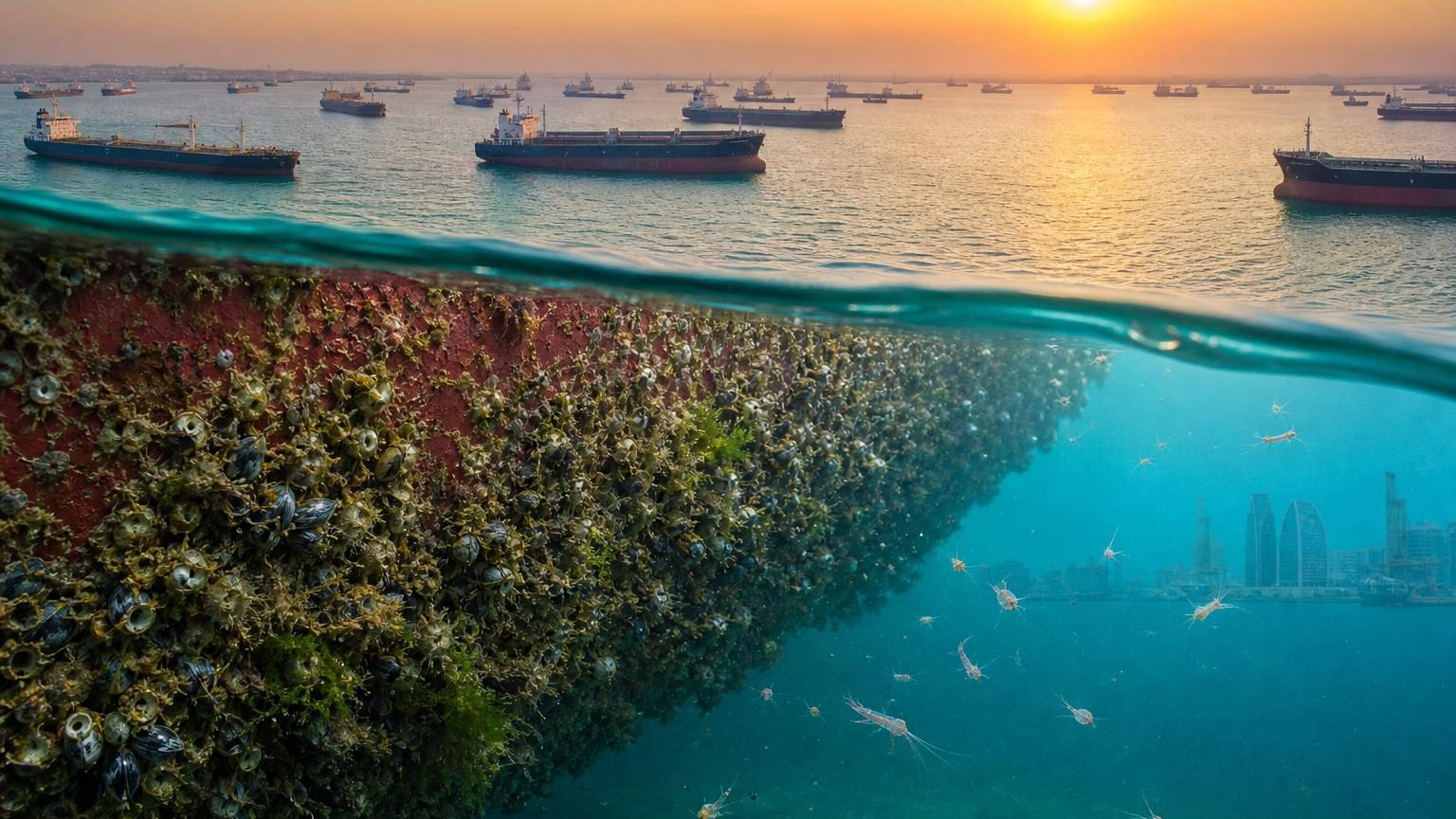 Navires commerciaux alignés au mouillage dans le golfe Persique, leurs coques partiellement immergées colonisées par des organismes marins.