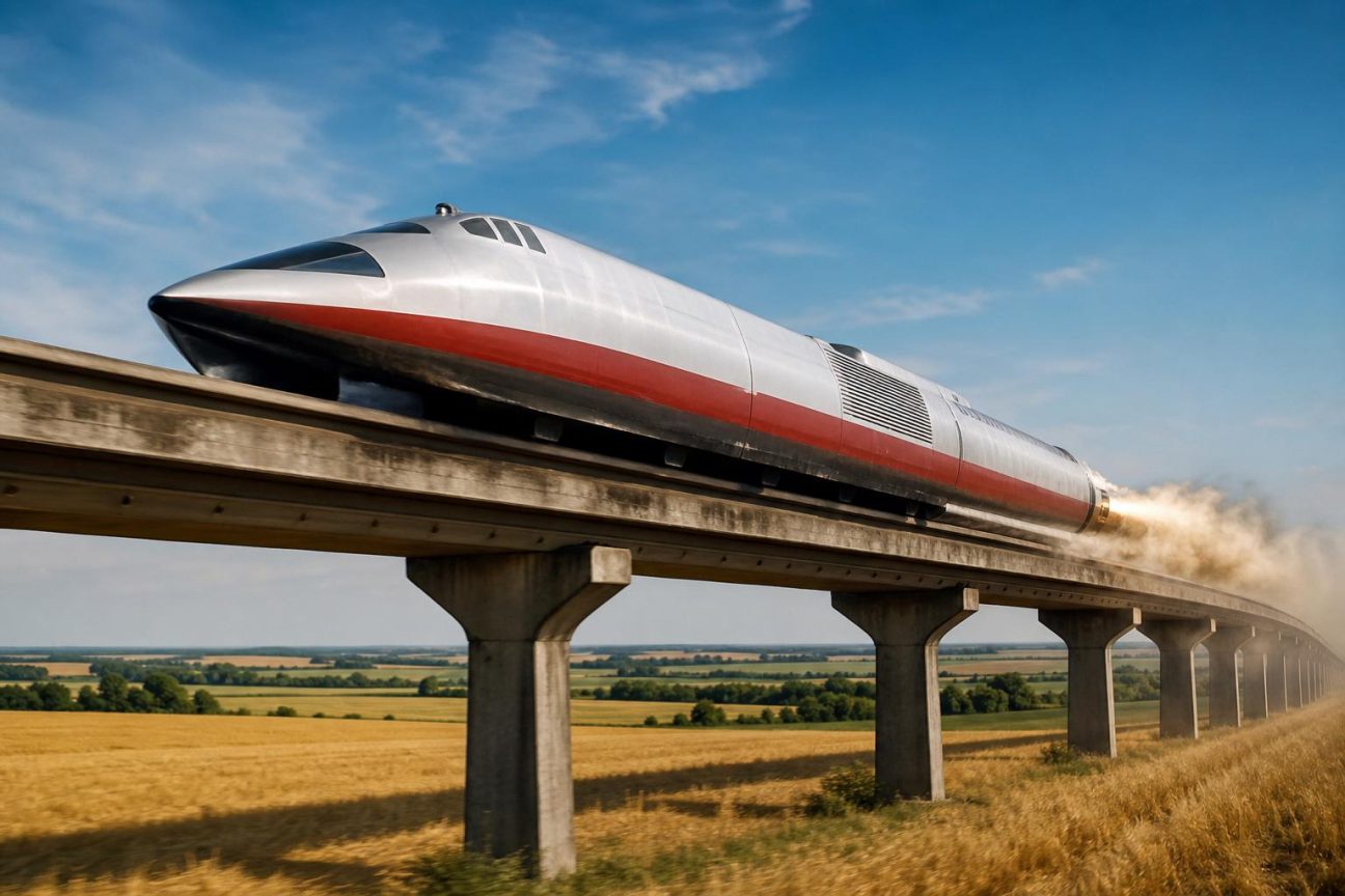 Vue aérienne d'une longue structure de béton surélevée traversant les champs de la Beauce dans le Loiret, vestiges de la piste d'essai de l'Aérotrain des années 1970.