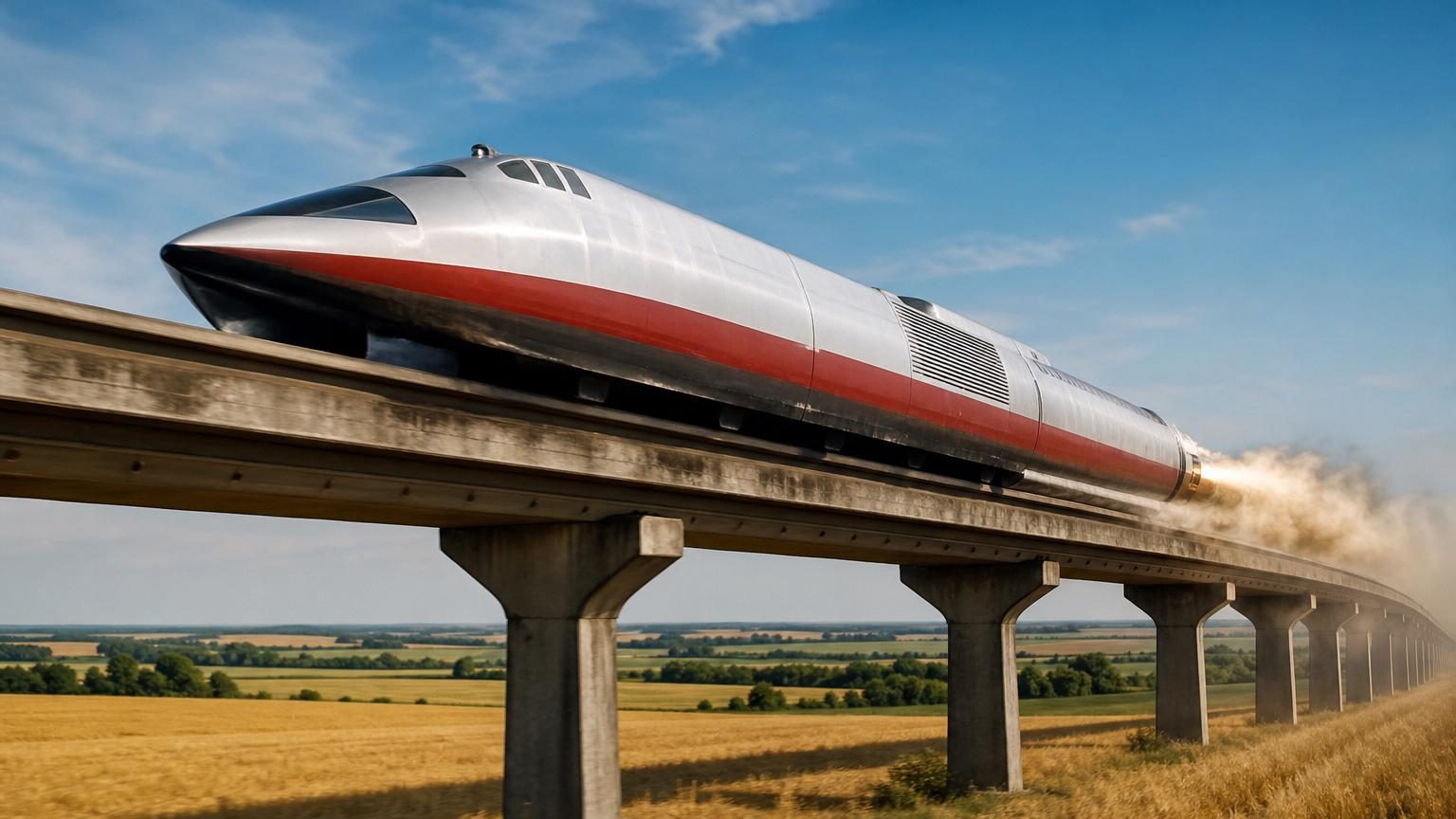 Vue aérienne d'une longue structure de béton surélevée traversant les champs de la Beauce dans le Loiret, vestiges de la piste d'essai de l'Aérotrain des années 1970.