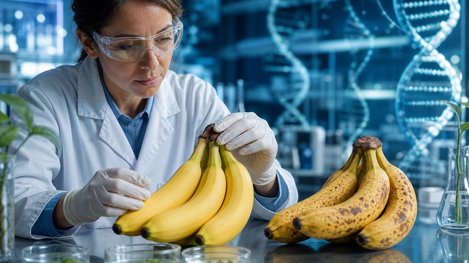 Grappe de bananes jaunes suspendues à un crochet, certaines avec des taches brunes de mûrissement avancé, dans une cuisine lumineuse