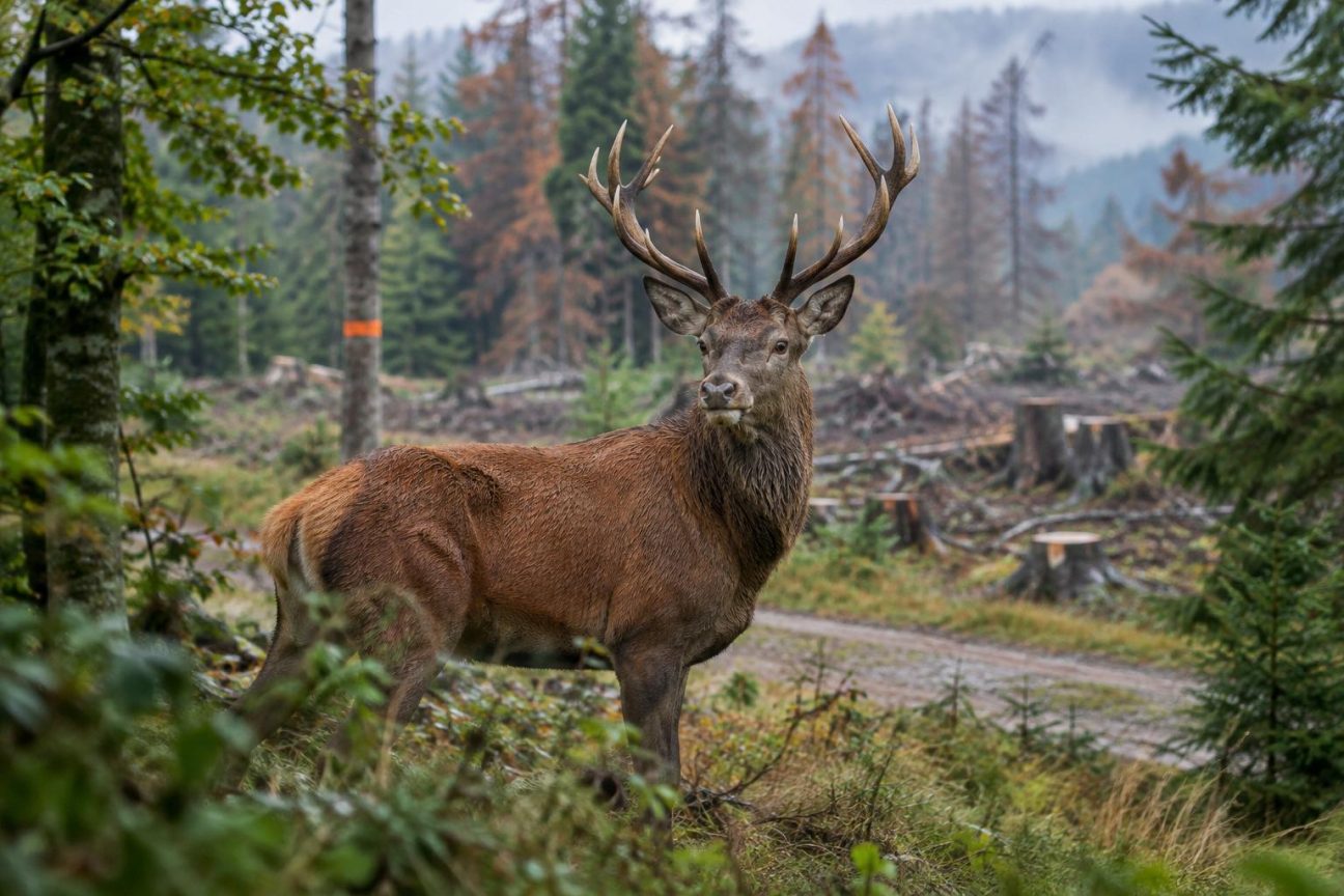 Jeune cerf aux oreilles dressées au bord d'une clairière vosgienne, renifle un sous-bois clairsemé où manquent les fourrés denses et fougères d'autrefois.