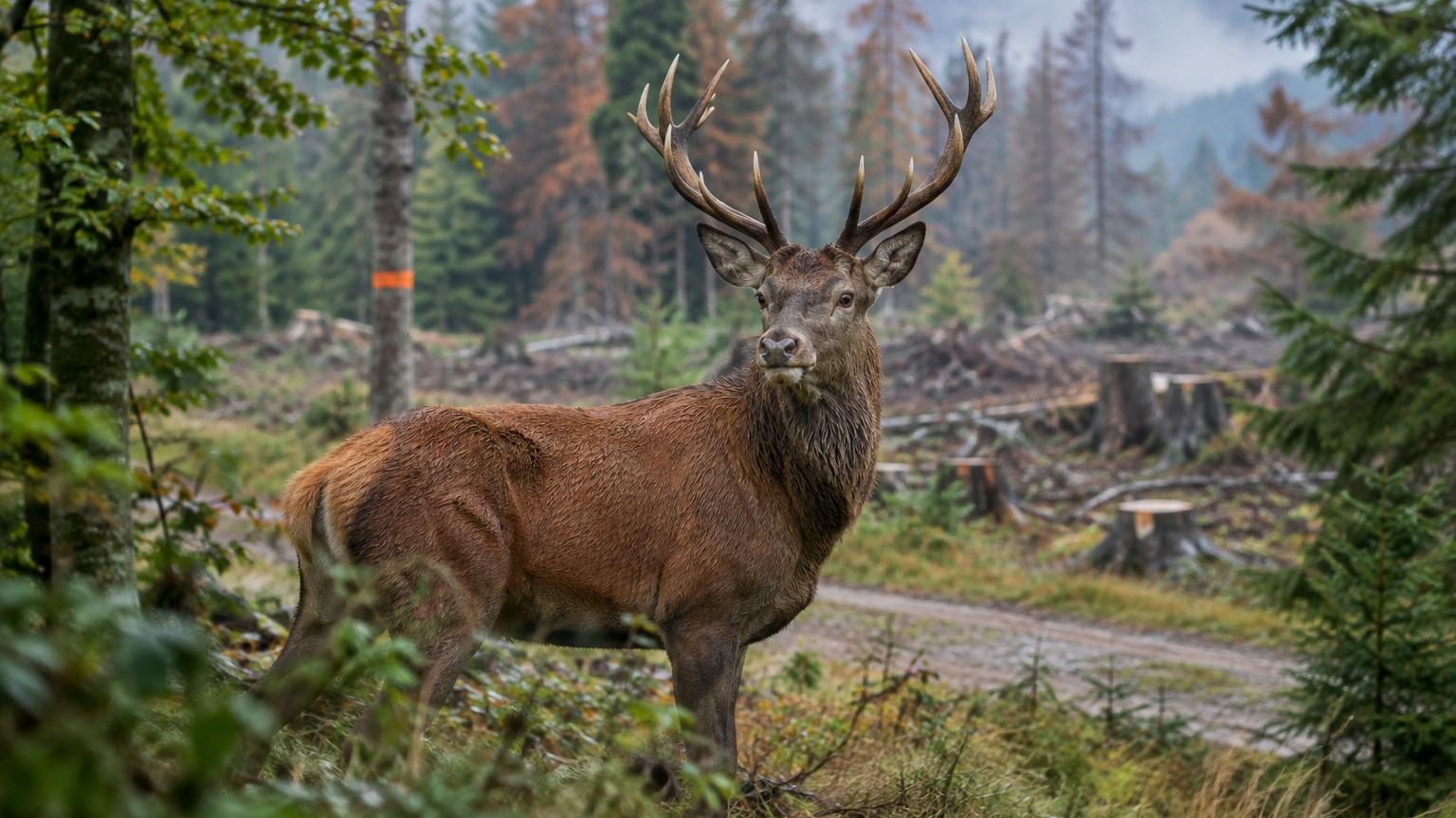 Jeune cerf aux oreilles dressées au bord d'une clairière vosgienne, renifle un sous-bois clairsemé où manquent les fourrés denses et fougères d'autrefois.