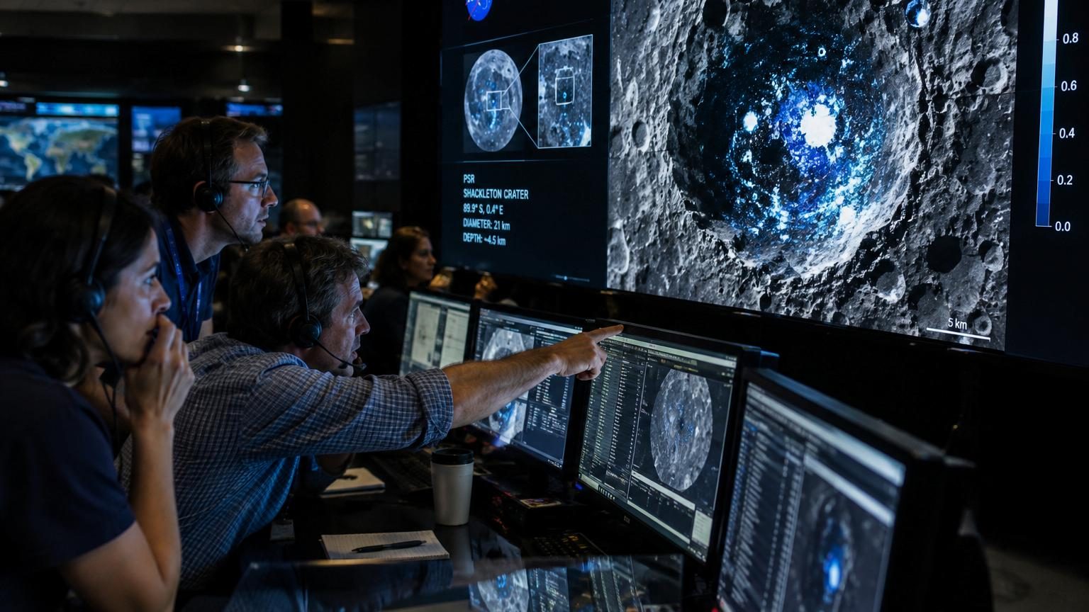 Vue aérienne de cratères lunaires au pôle sud montrant des zones d'ombre permanente, surface rocheuse et poussiéreuse sans trace de glace visible