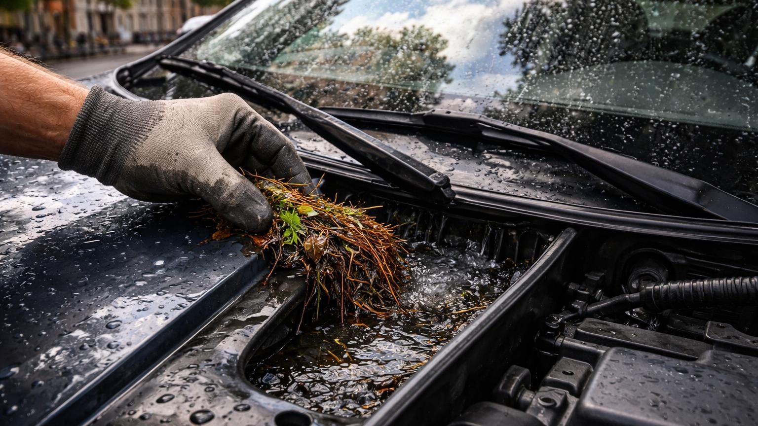 Gros plan sur le canal de drainage situé à la base d'un pare-brise, montrant feuilles et débris accumulés sous les essuie-glaces d'une voiture.