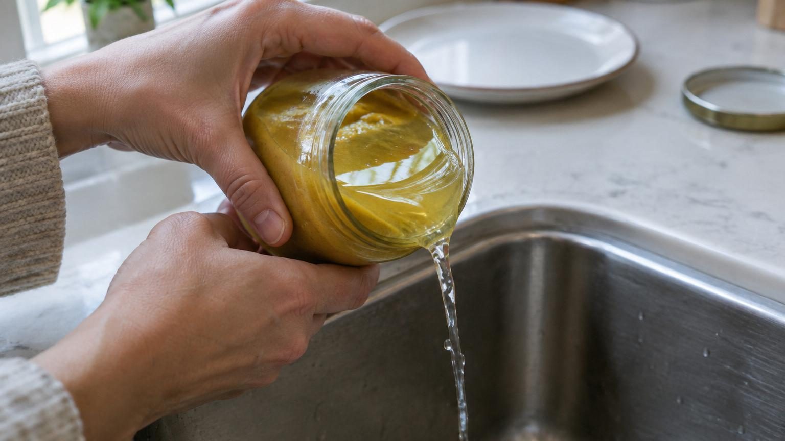 Pot de moutarde ouvert avec une couche d'eau translucide visible à la surface de la pâte jaune épaisse.