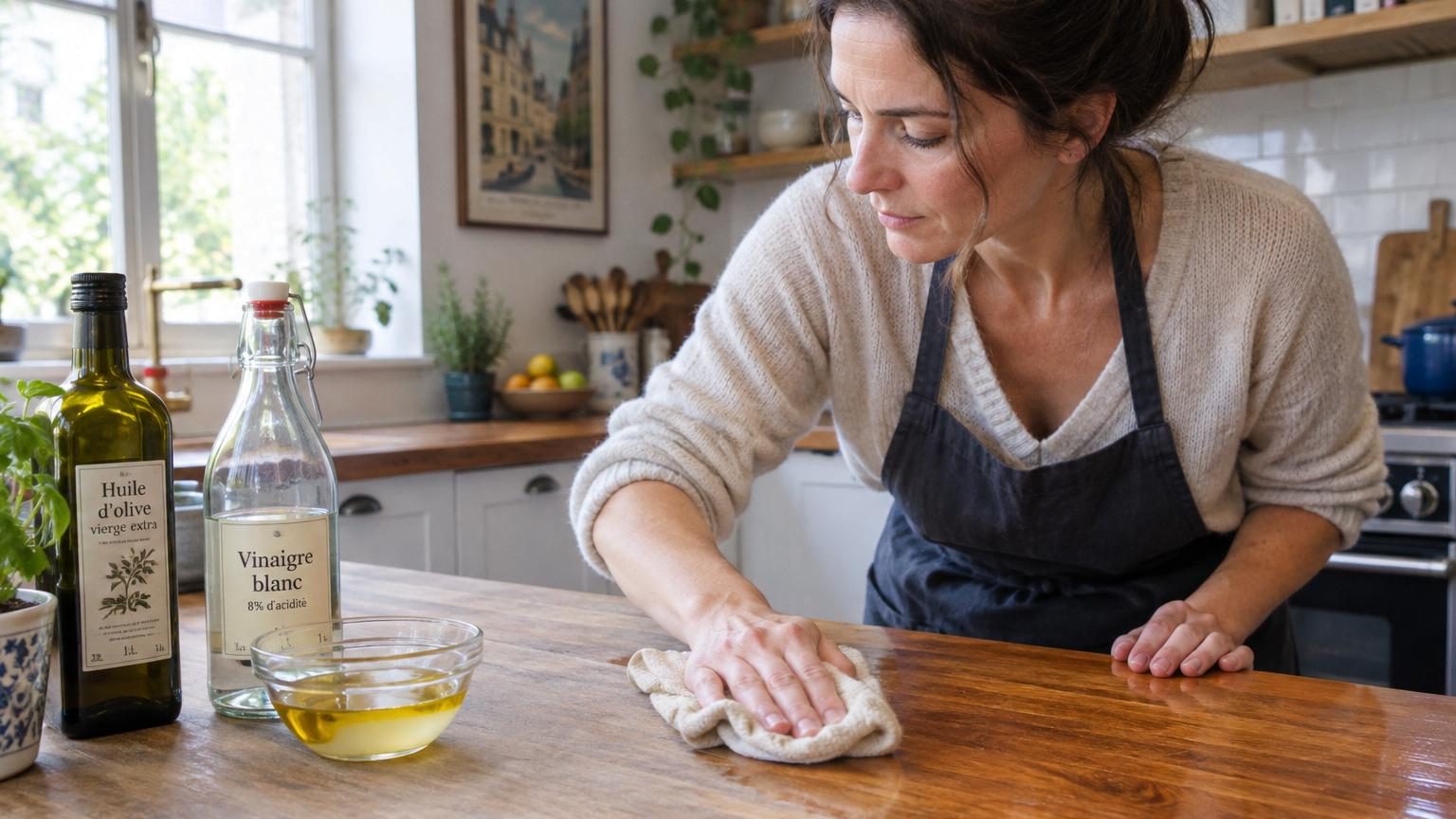 De l’huile d’olive et 6 cuillères de vinaigre blanc : l’astuce qui ravive le bois terni de votre cuisine