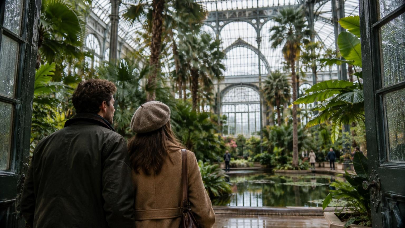 Intérieur spectaculaire d'une grande serre historique aux structures de fer et verre abritant des plantes tropicales luxuriantes sous une architecture monumentale du XIXe siècle.