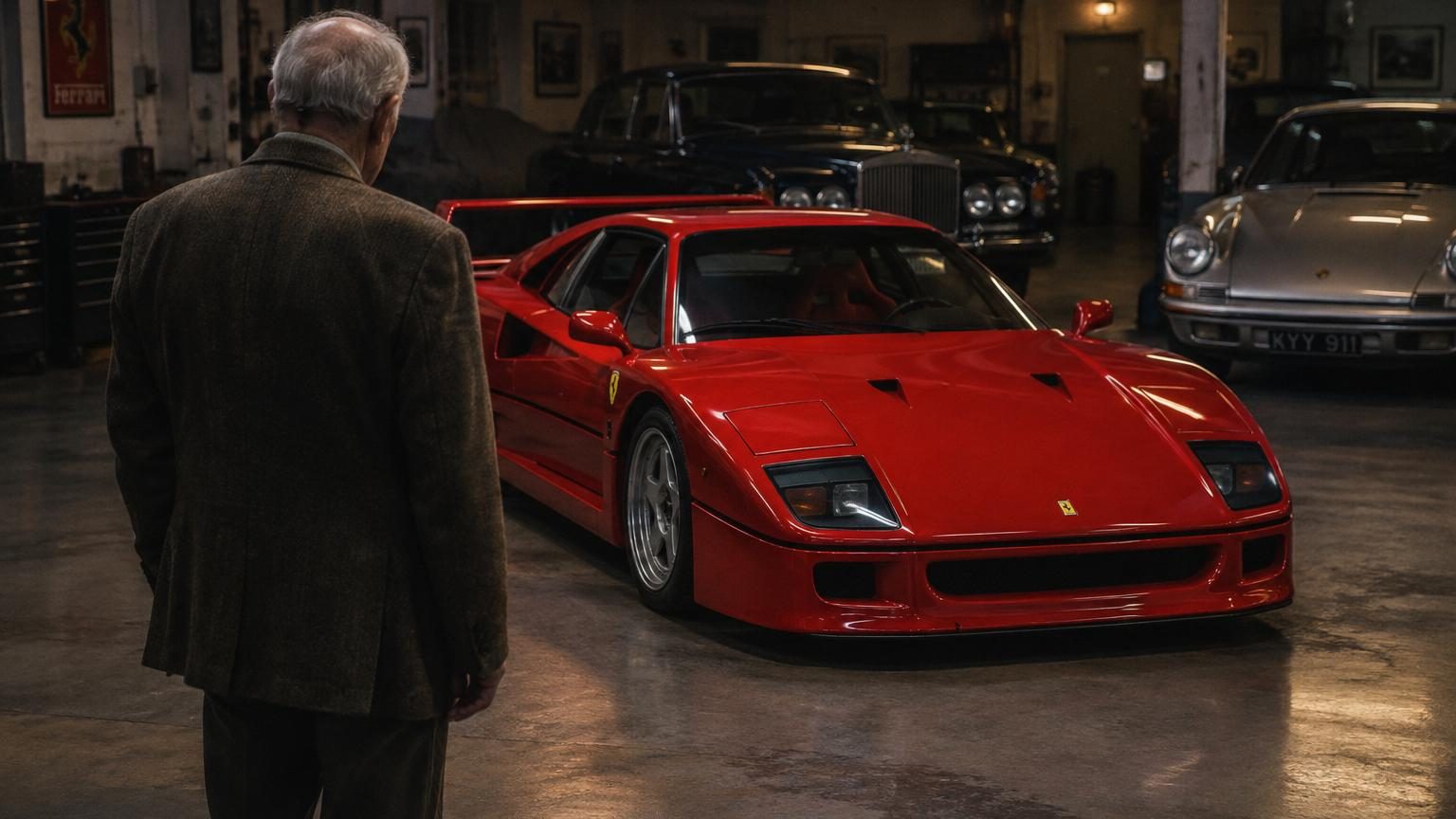 Garage avec une Ferrari rouge brillante exposée comme une œuvre d'art, entourée de chromes et de mécaniques précieuses dans une ambiance de moteurs au ralenti