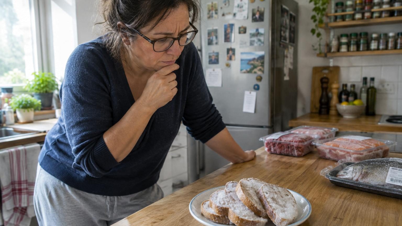 Plan de travail de cuisine avec une baguette de pain congelé sortie du congélateur, posée à côté d'une viande emballée et d'un poisson, illustrant les différences de décongélation sécurisée.