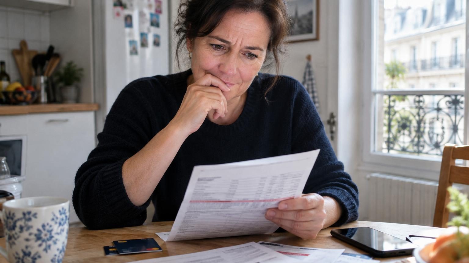 Mère de famille en attente devant une caisse de supermarché, fixant son téléphone affichant un solde bancaire négatif