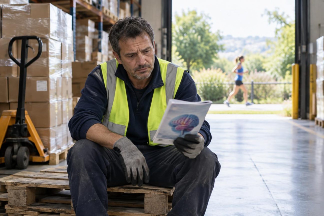 Une personne qui enlace un jeune homme épuisé en sueur après une journée de travail physique, symbole de la fatigue imposée du travail manuel.