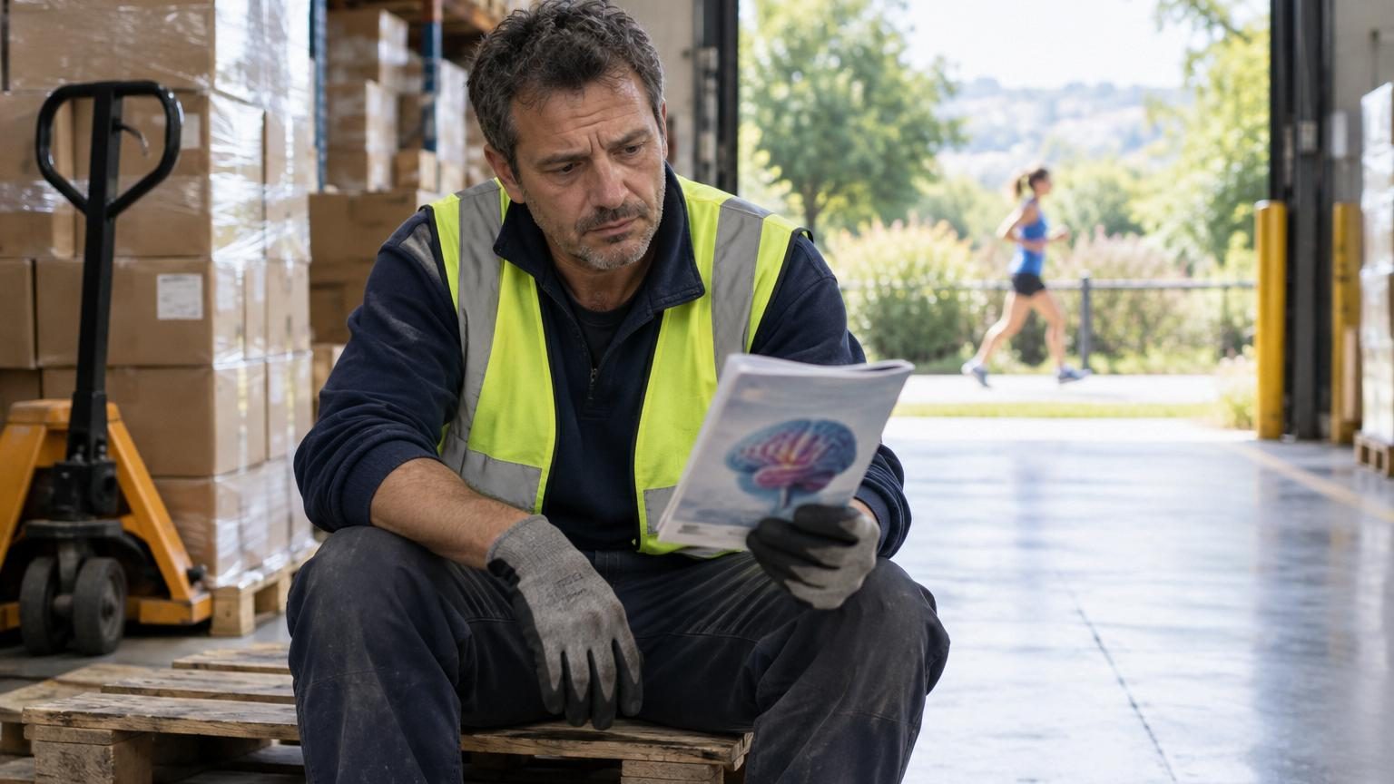 Une personne qui enlace un jeune homme épuisé en sueur après une journée de travail physique, symbole de la fatigue imposée du travail manuel.