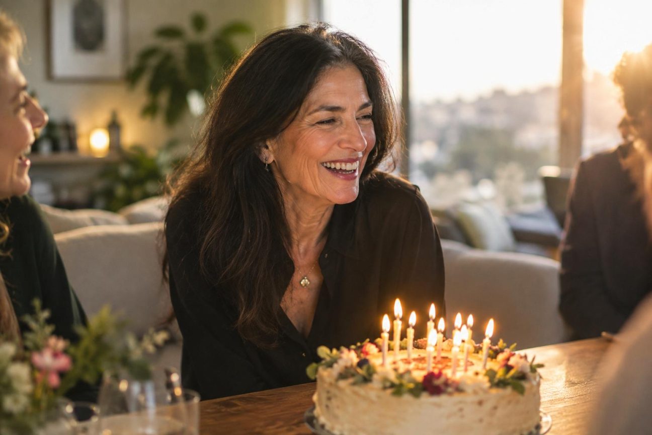 Demi Moore entourée de sa famille et de ses amis lors de son anniversaire, avec des bougies sur la table et son regard frontal sur le temps qui passe, sans retouche excessive.