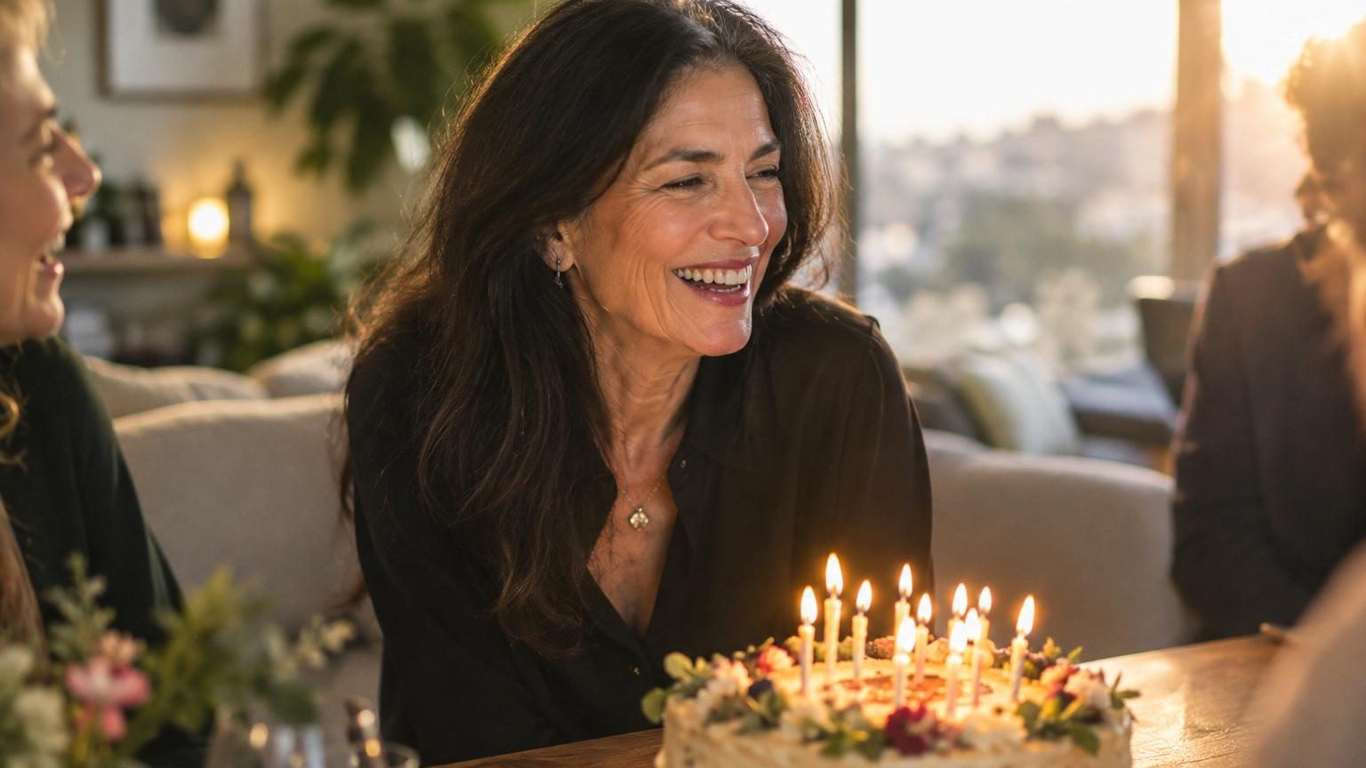 Demi Moore entourée de sa famille et de ses amis lors de son anniversaire, avec des bougies sur la table et son regard frontal sur le temps qui passe, sans retouche excessive.