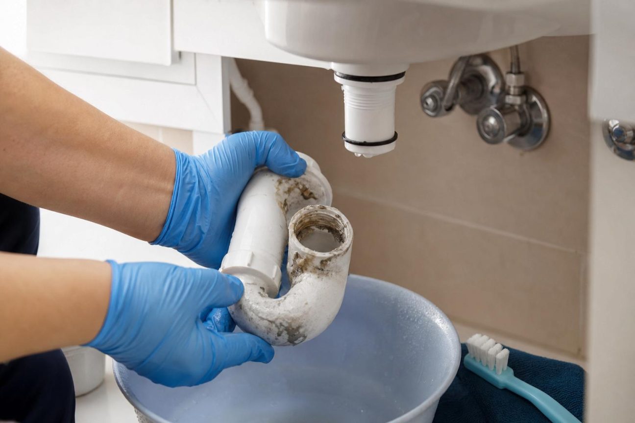 Sous-vasque ouvert montrant le siphon incurvé en plastique avec dépôts grisâtres à l'intérieur et une brosse positionnée pour le nettoyage