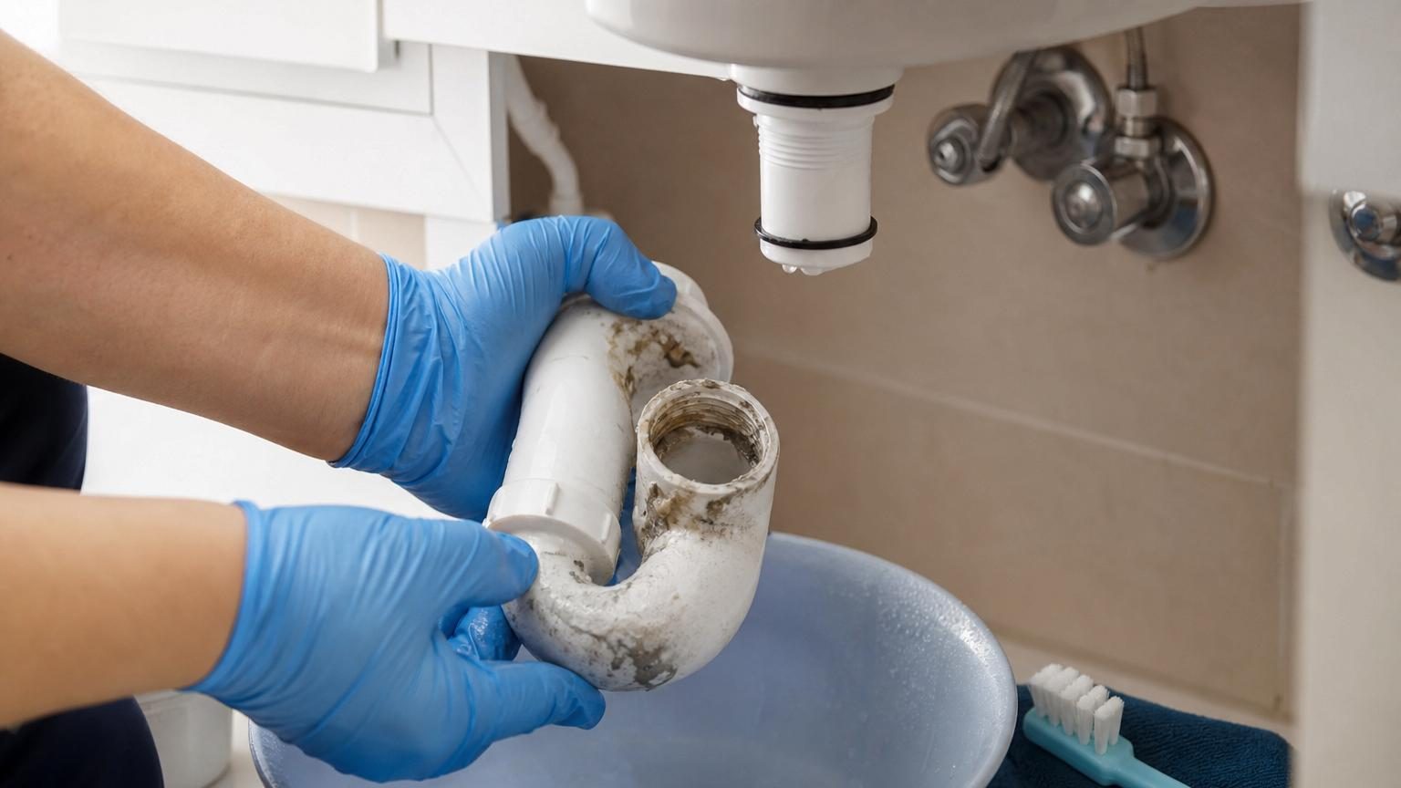 Sous-vasque ouvert montrant le siphon incurvé en plastique avec dépôts grisâtres à l'intérieur et une brosse positionnée pour le nettoyage