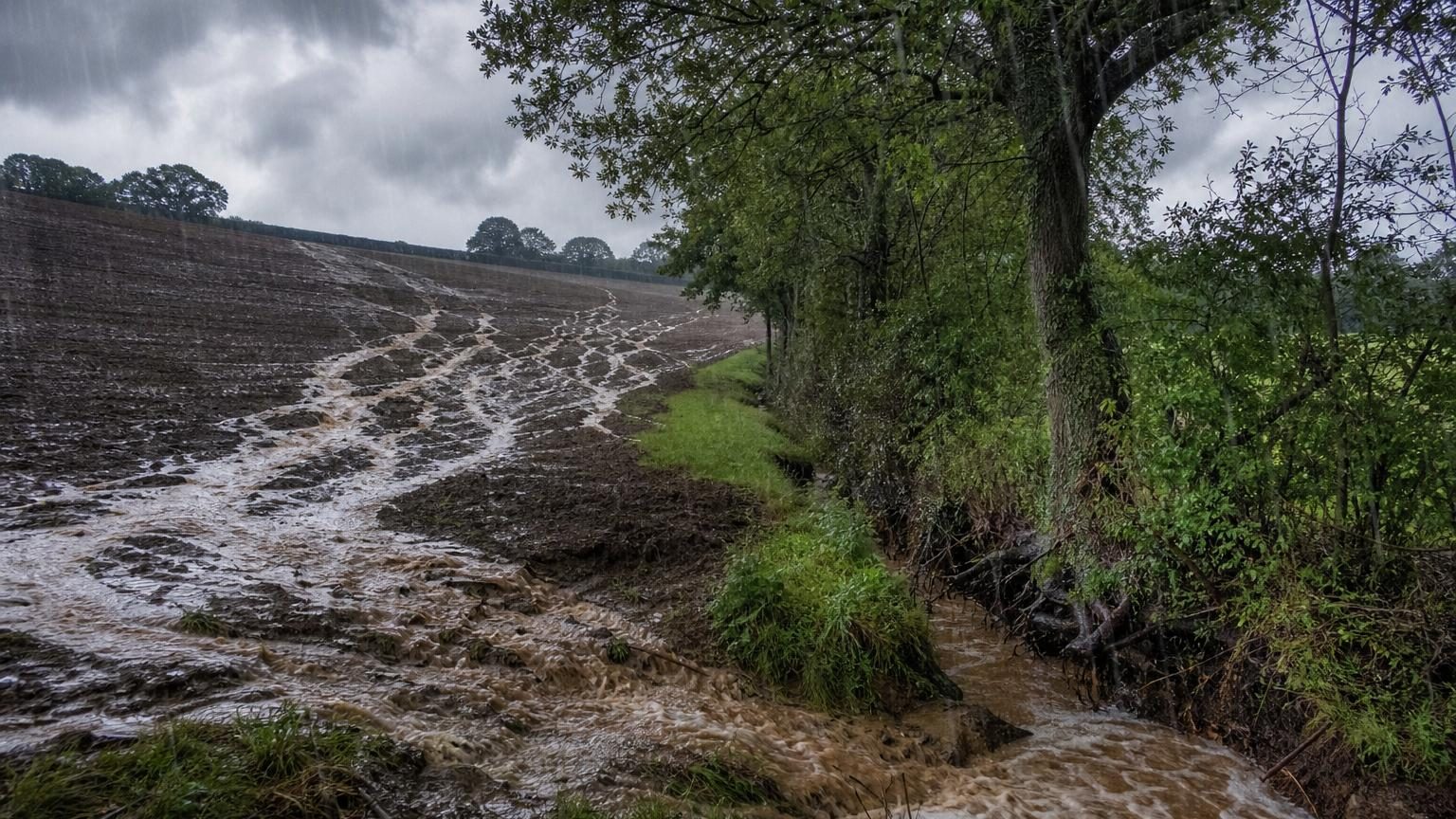 Paysage agricole breton montrant des champs ouverts et dégagés, sans talus ni haies bocagères, illustrant les transformations rurales depuis 1960.