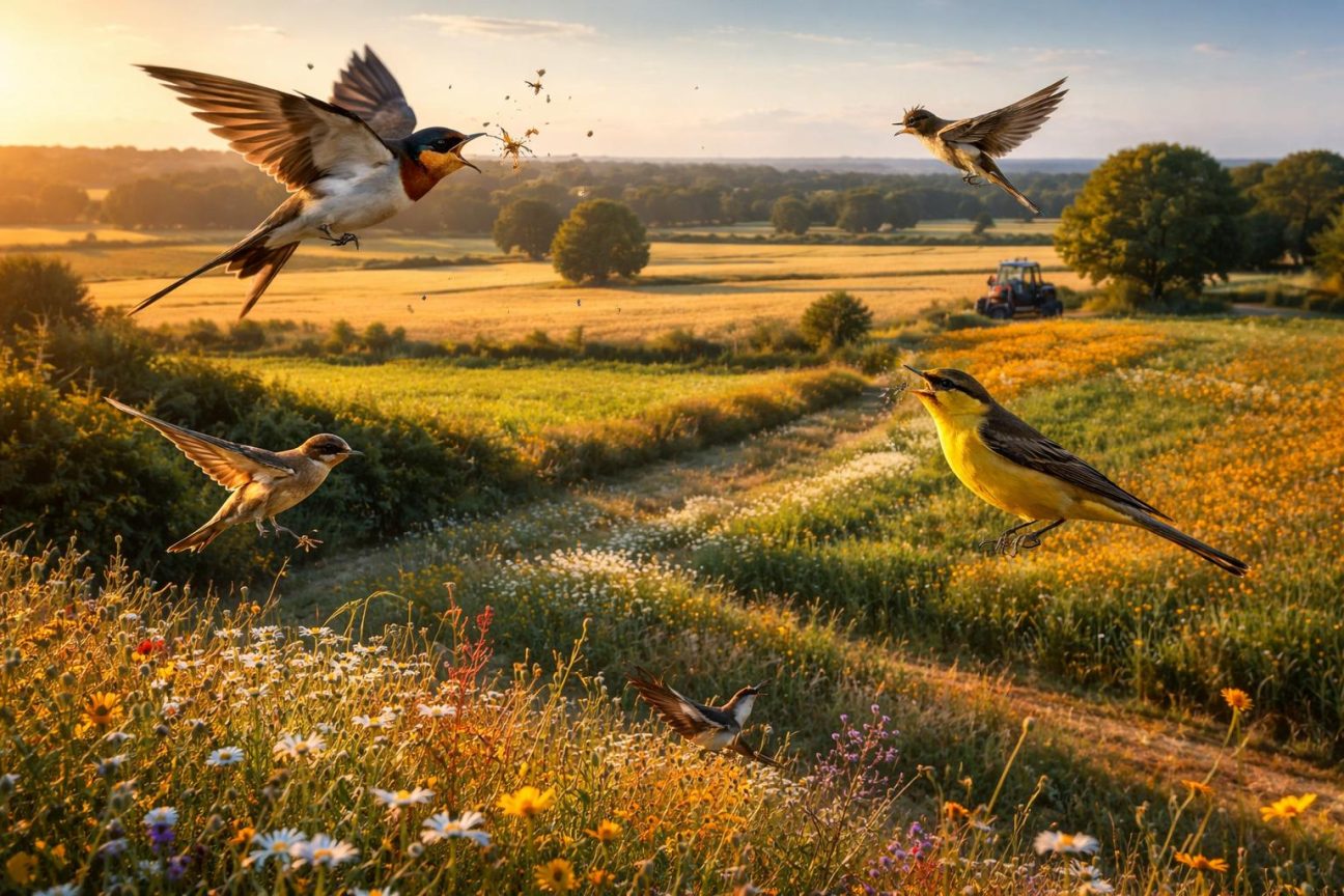 Un groupe d'oiseaux insectivores en vol au-dessus de champs agricoles français, symbolisant leur retour progressif depuis l'interdiction des néonicotinoïdes