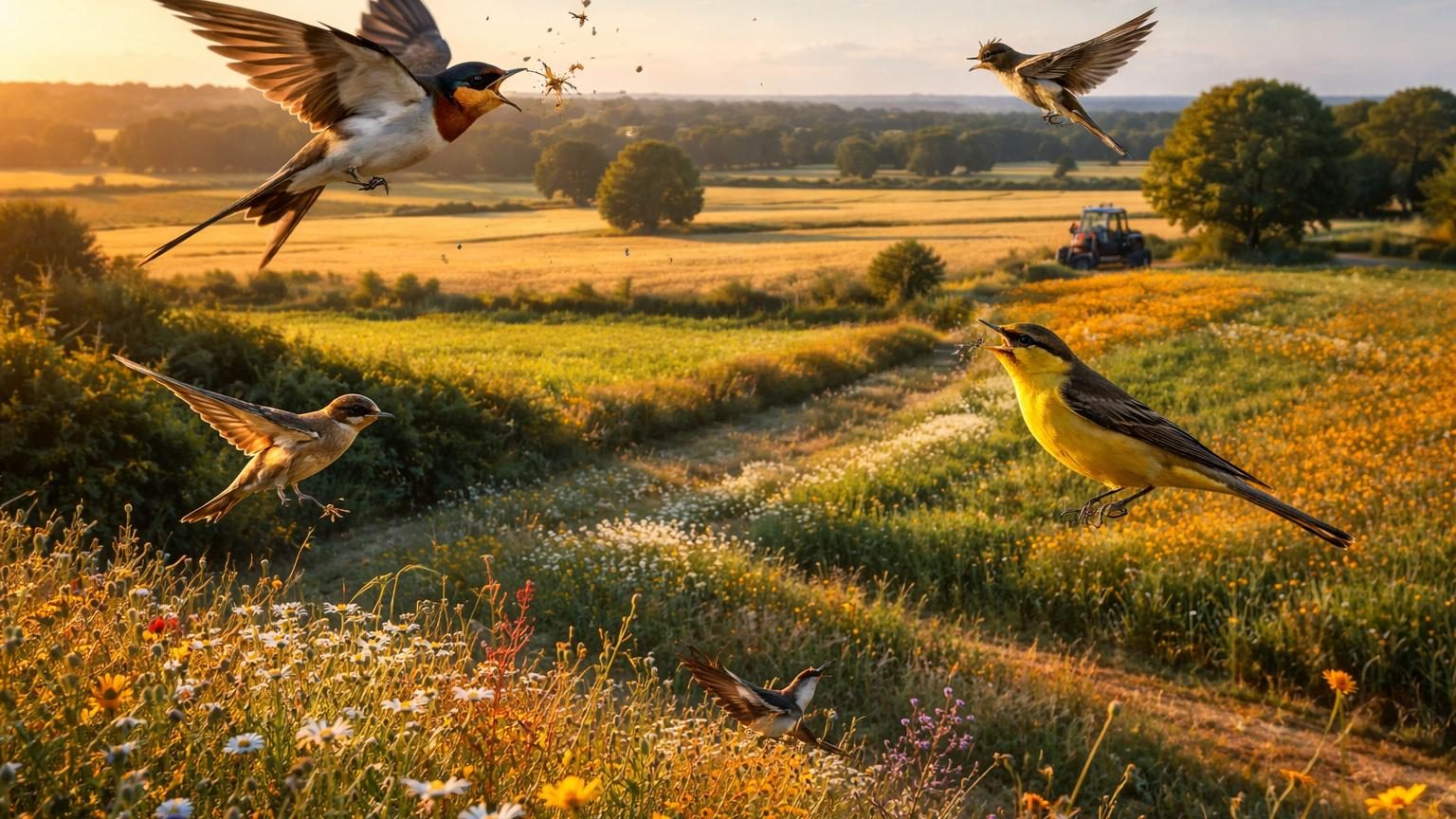 Un groupe d'oiseaux insectivores en vol au-dessus de champs agricoles français, symbolisant leur retour progressif depuis l'interdiction des néonicotinoïdes