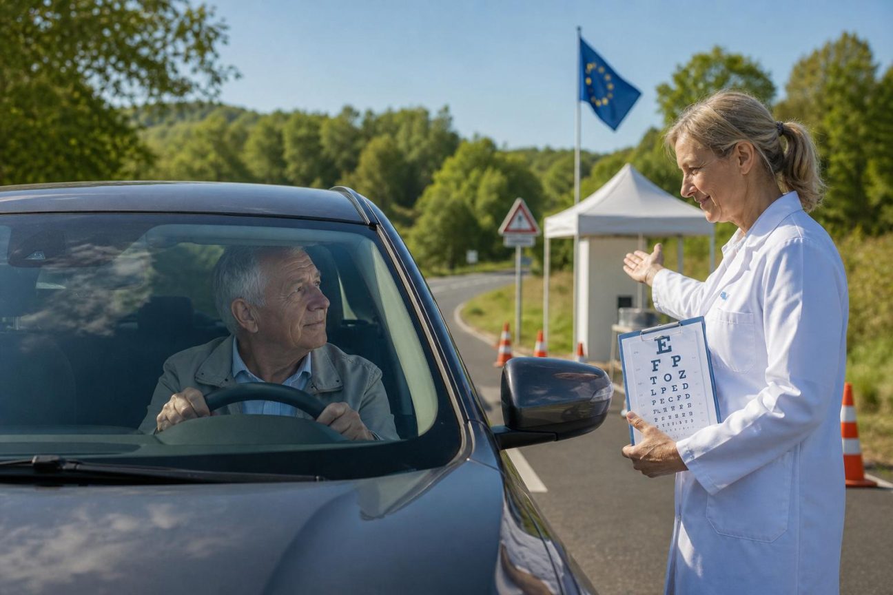 Panneau de signalisation routière avec limitation de vitesse et conducteur âgé au volant d'une voiture, illustrant le débat sur l'aptitude des seniors à conduire.