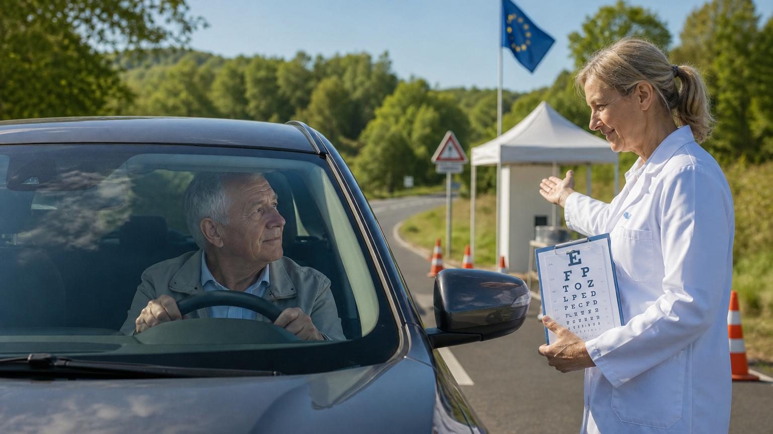 Panneau de signalisation routière avec limitation de vitesse et conducteur âgé au volant d'une voiture, illustrant le débat sur l'aptitude des seniors à conduire.
