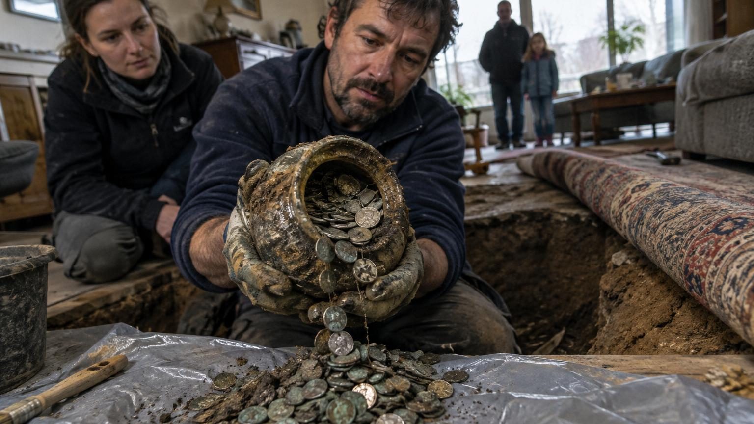 Bocal en verre épais rempli de 40 000 pièces de monnaie romaines corrodées et grises, exposé sur une bâche plastique bleue dans un salon enfoui sous un pavillon.