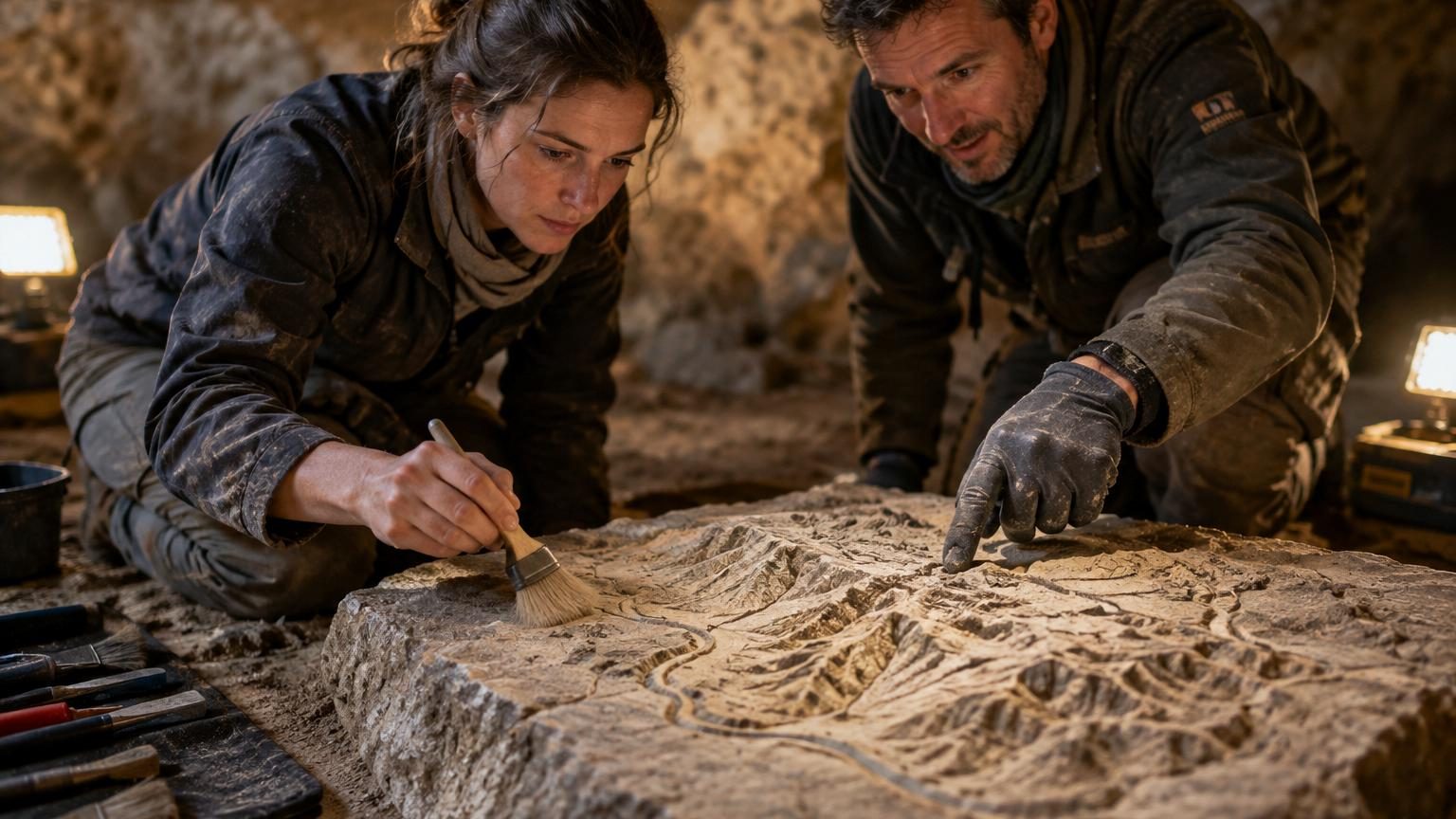 Dalle de grès gravée avec sillons et reliefs représentant les écoulements d'eau et le relief d'un paysage préhistorique