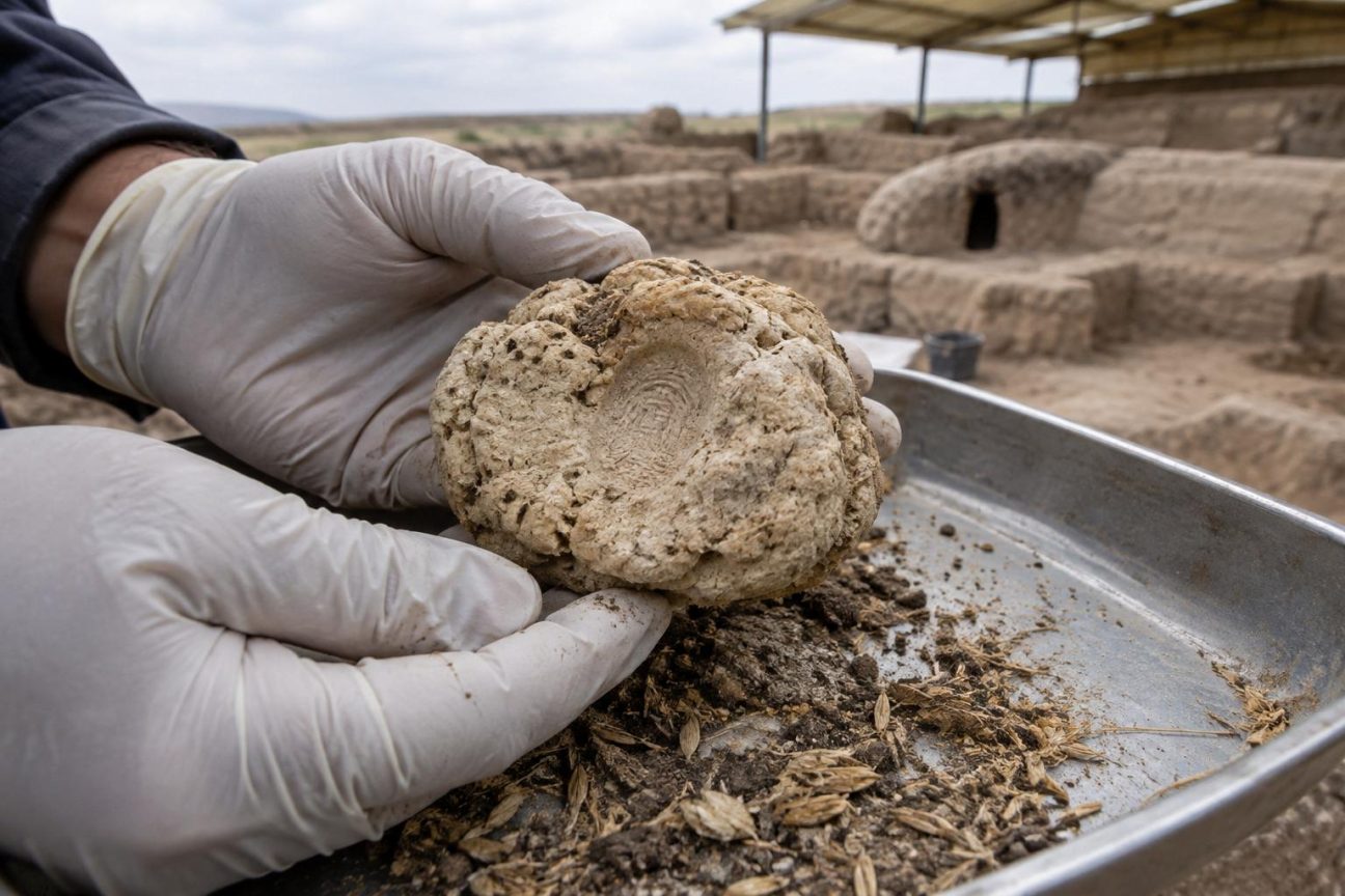 Morceau de pâte spongieuse vieille de 8 600 ans découvert près d'un four ancien à Çatalhöyük, présentant une empreinte digitale et une structure poreuse caractéristique d'une fermentation.