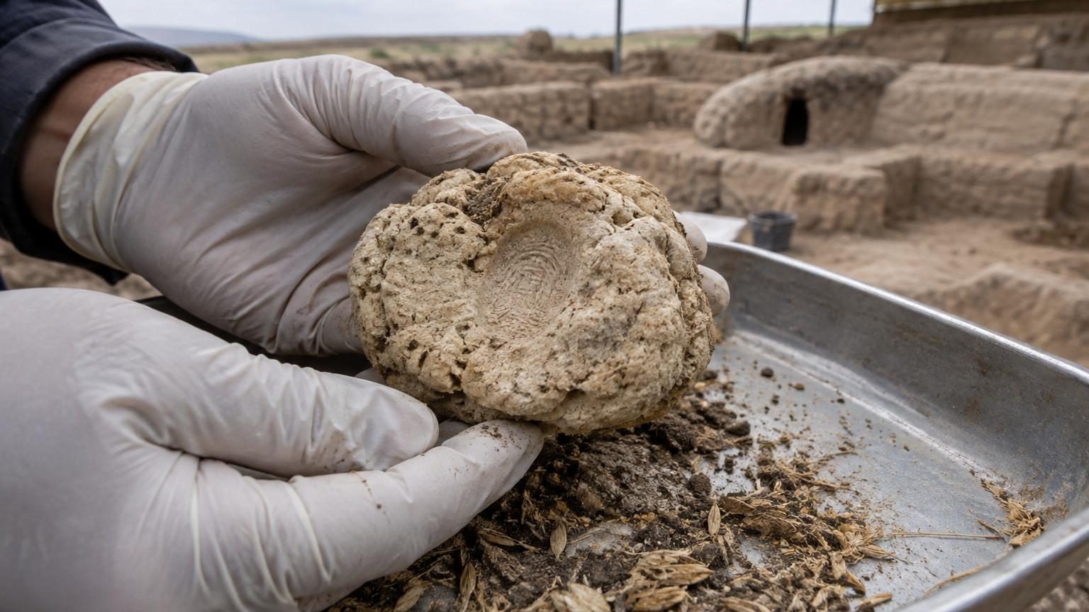 Morceau de pâte spongieuse vieille de 8 600 ans découvert près d'un four ancien à Çatalhöyük, présentant une empreinte digitale et une structure poreuse caractéristique d'une fermentation.
