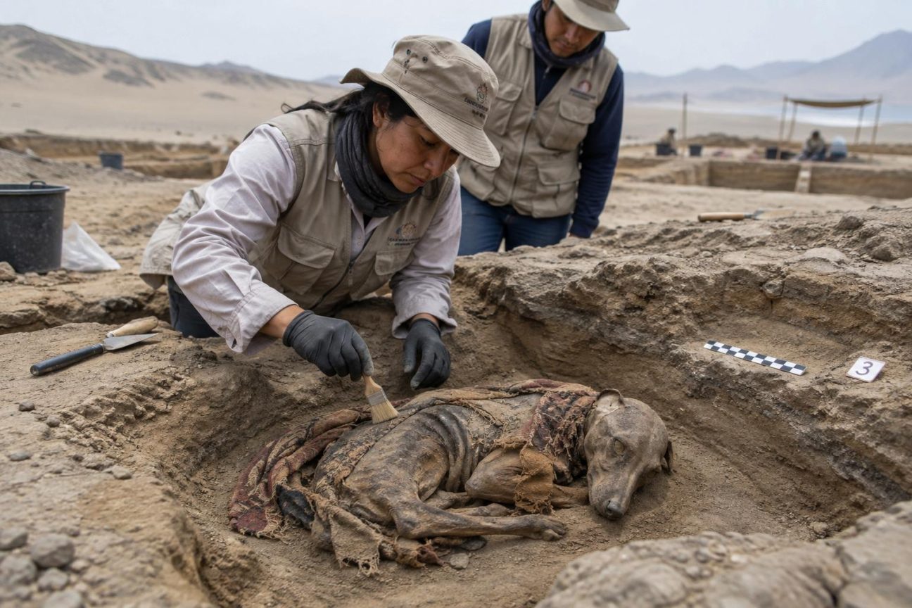 Crâne naturellement momifié d'un chien sans poils datant de plus de mille ans, avec des oreilles toujours attachées et des traces de cinabre rouge, découvert dans le désert côtier du Pérou.