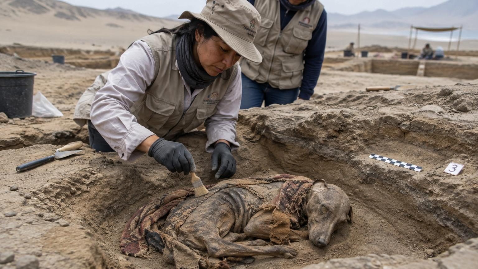 Crâne naturellement momifié d'un chien sans poils datant de plus de mille ans, avec des oreilles toujours attachées et des traces de cinabre rouge, découvert dans le désert côtier du Pérou.