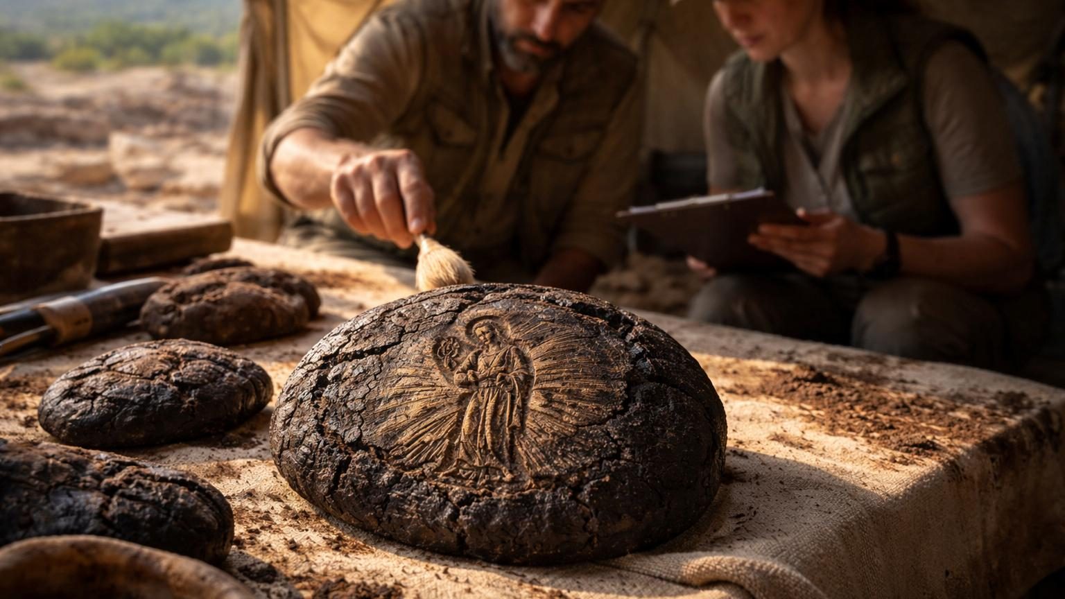 Pain carbonisé noir vieux de 1 200 ans avec gravure visible d'une silhouette du Christ et inscription religieuse sur sa croûte