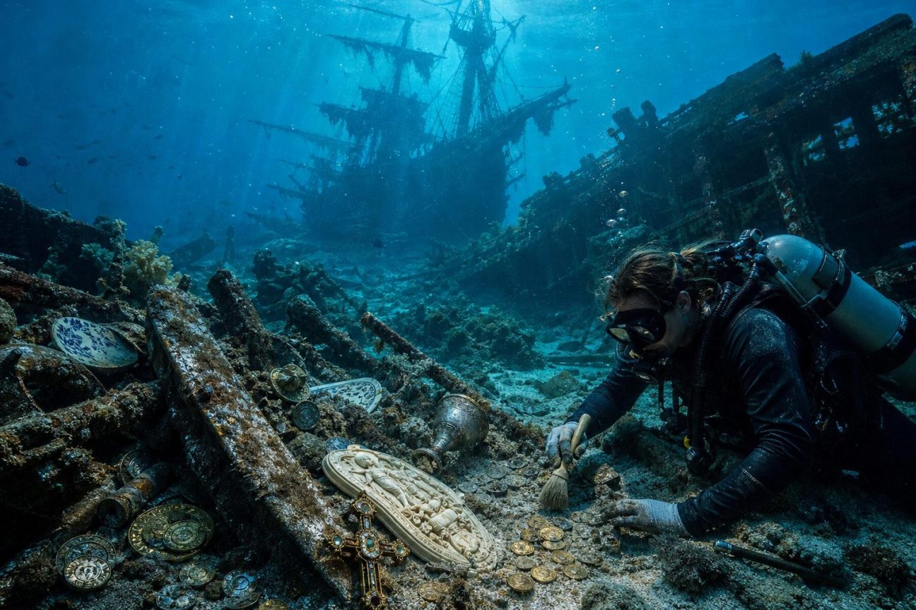 Épave ancienne de navire de guerre portugais recouverte de sédiments marins et d'objets archéologiques dispersés sur le fond océanique.