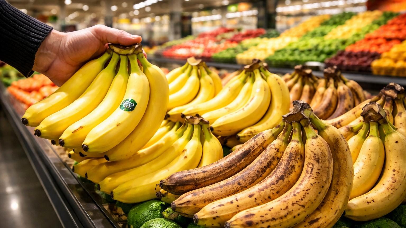 Bananes jaunes sur un étalage de supermarché, certaines montrant des signes de maturation avancée, illustrant la différence de conservation entre fruits génétiquement modifiés et bananes classiques.